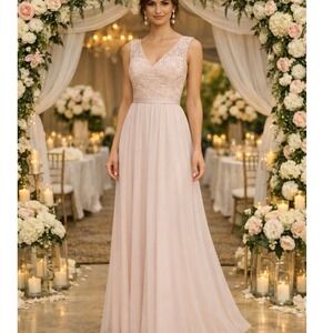 Mori Lee Madeline Gardner Lace Sequin V-Neck Open Back Gown Blush Pink Size 4